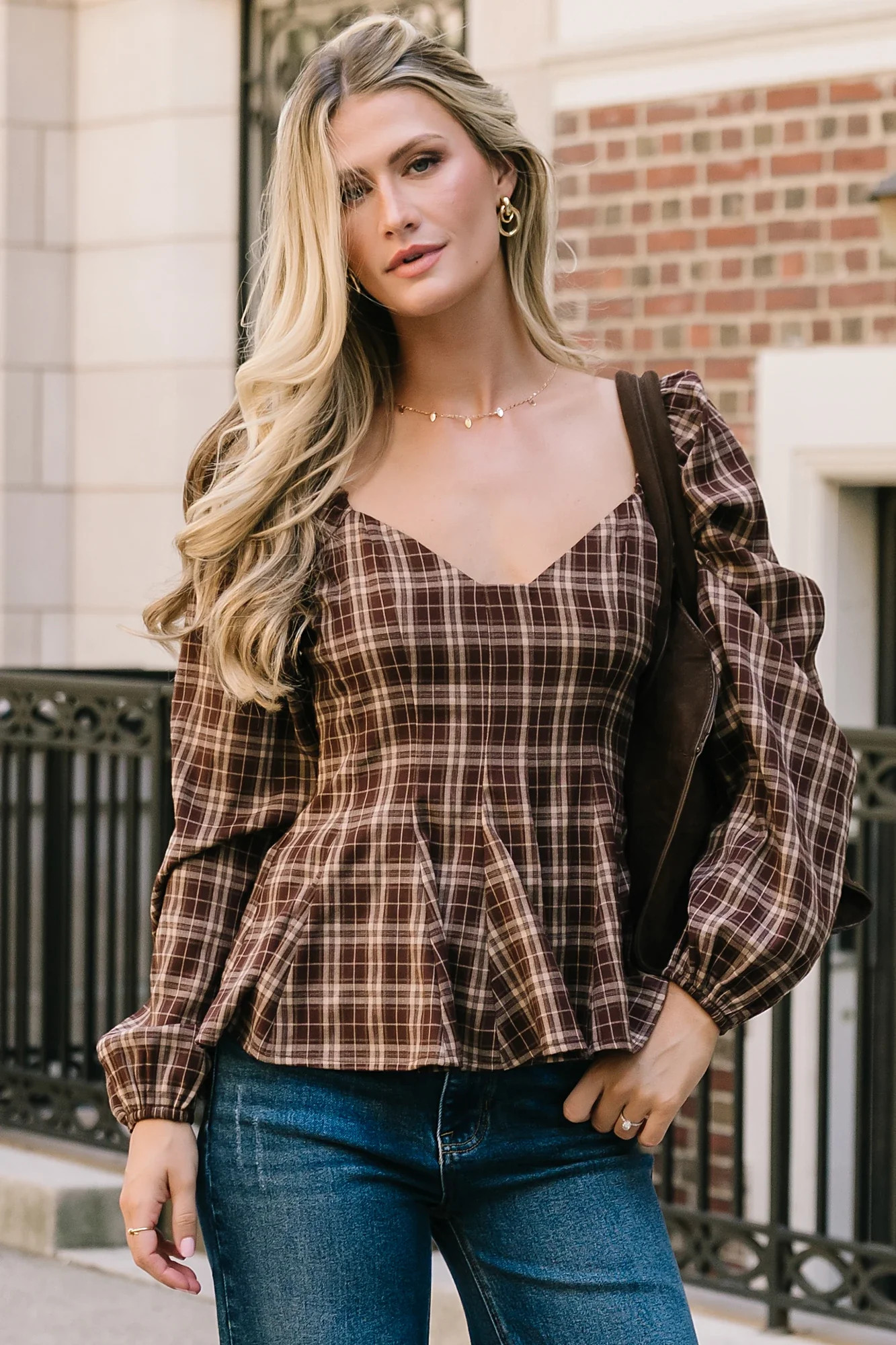 Sutton Peplum Top | Brown Plaid Print | Baltic Born
