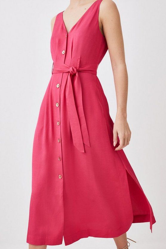 Petite Belted Premium Linen Woven Midi Dress | Karen Millen UK + IE + DE + NL