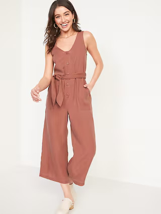 Sleeveless Voop-Neck Waist-Defined Jumpsuit for Women | Old Navy (US)