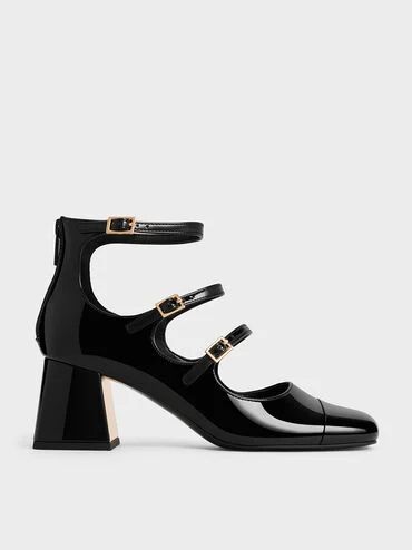 Patent Triple-Strap Cap-Toe Mary Jane Pumps
 - Black Patent | Charles & Keith US