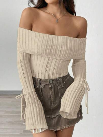 Flirla 1pc Women Solid Color Long Sleeve Tied Collar Sweater, Versatile For Autumn/Winter Knit Pullover Fall Outfit | SHEIN