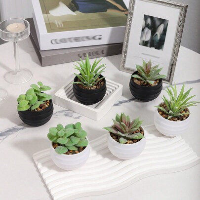 3pcs/Set Artificial Lifelike Mini Succulent Plants, Green Succulents In White & Black Pots, Home Decor For Spring/Summer, Valentine's Day Gift, Deskto | SHEIN