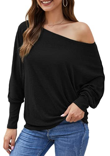 Aifer Women's Off The Shoulder Top Long Sleeve Casual Oversized Shirts Blouses for Women Fall Fashion 2025 Batwing Sleeve Tunics Going Out Tops Black | Amazon (US)