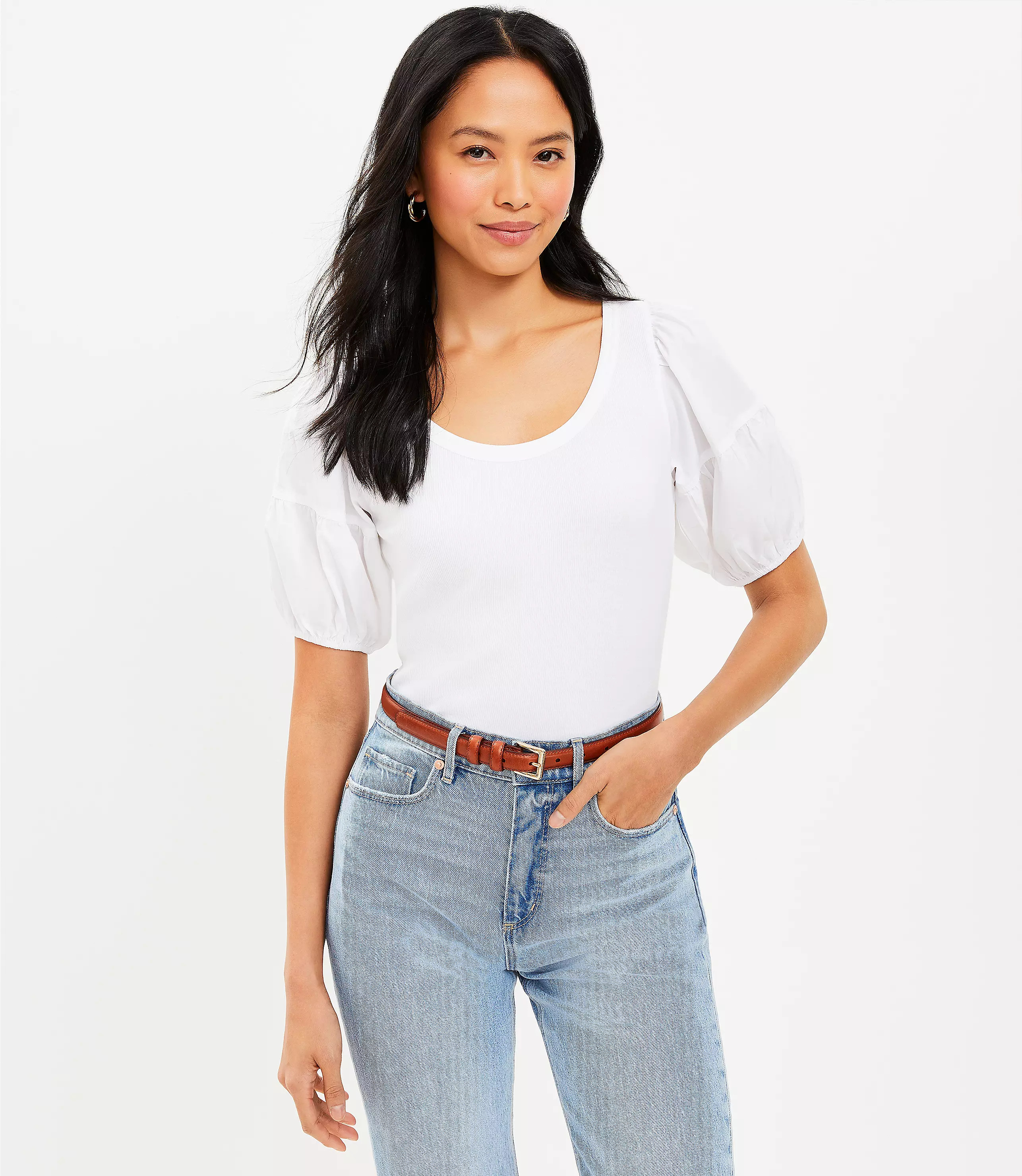 Puff Sleeve Mixed Media Top | LOFT