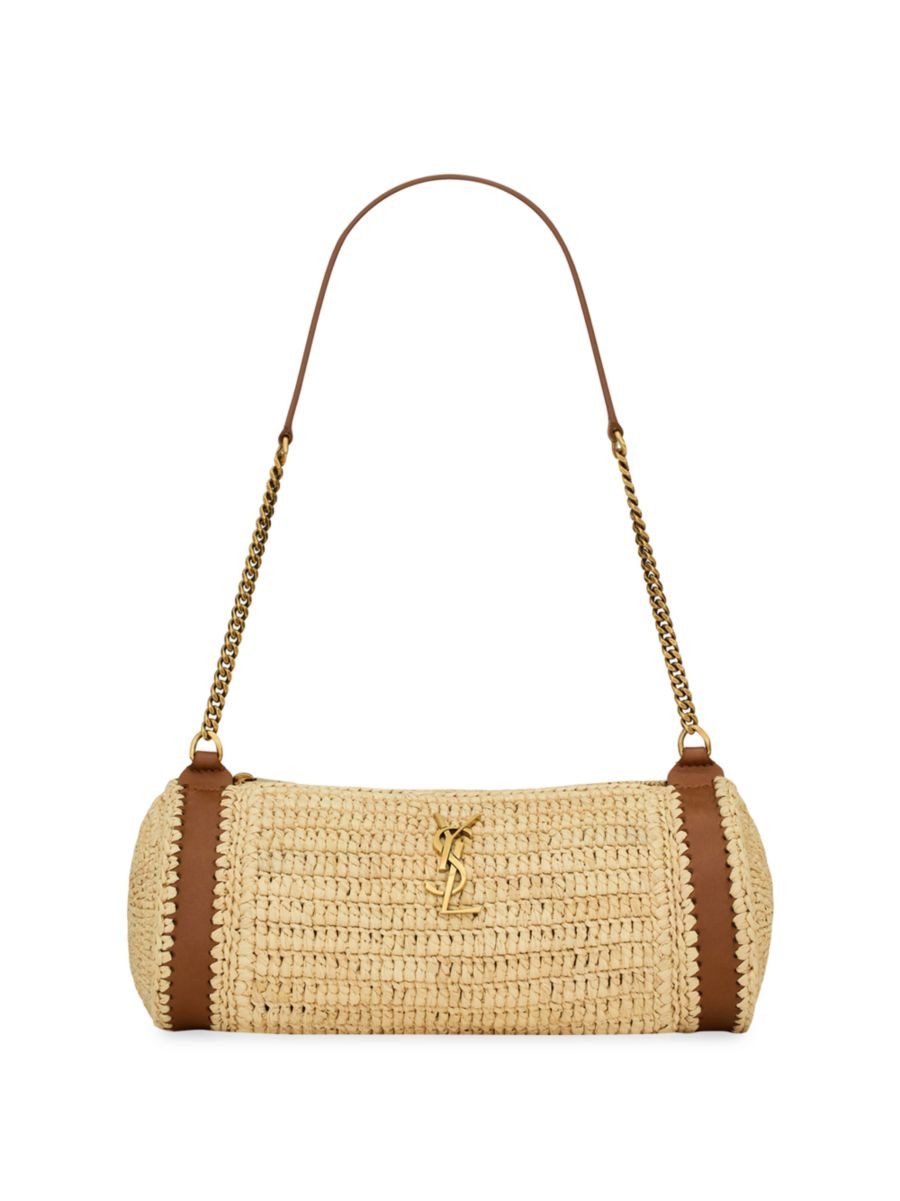 Saint Laurent Cassandre Small Cylindric Bag in Raffia and Vegetable-Tanned Leather | Saks Fifth Avenue