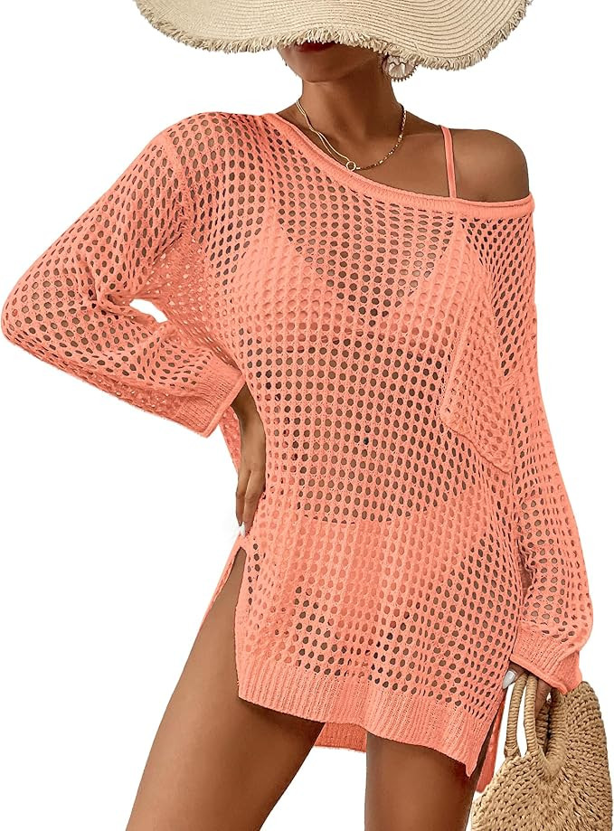 Bsubseach Crochet Cover Up for Swimwear Women Pool Swimsuit Coverup Long Sleeve Beach Knit Tops | Amazon (US)