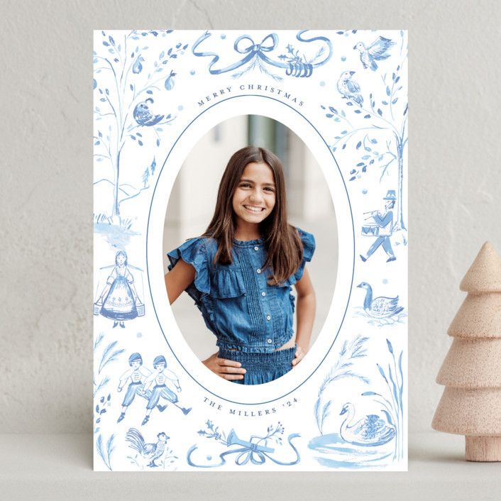 "12 Days of Christmas Toile" - Customizable Christmas Photo Cards in Blue by Teju Reval. | Minted