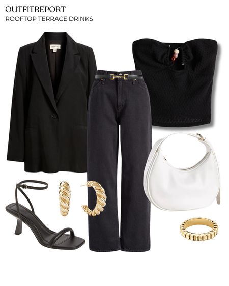 Terrace going out drinks black tube top blazer sandals heels denim jeans 

#LTKbag #LTKshoes #LTKstyletip