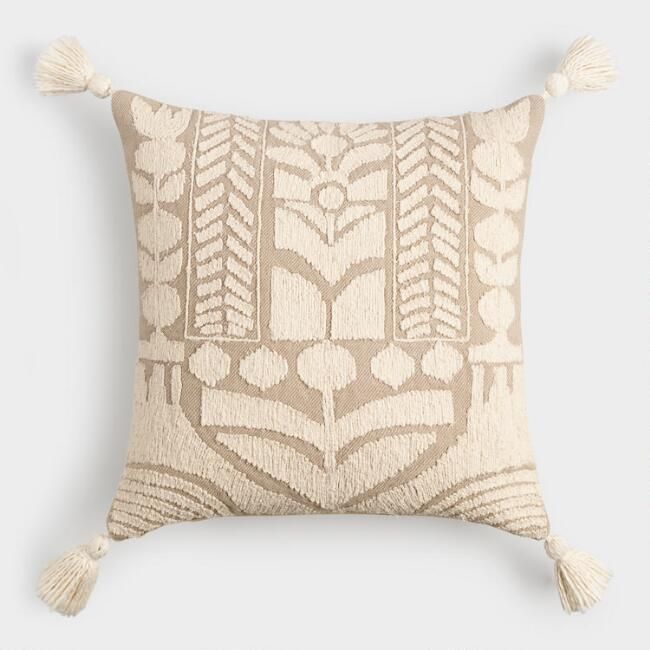 Oatmeal and Ivory Embroidered Garden Throw Pillow | World Market
