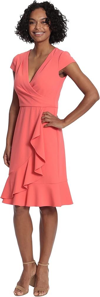 London Times Women's Cap Sleeve Surplus V-Neck Knee Length Dress with Ruffle Faux Wrap Skirt | Amazon (US)