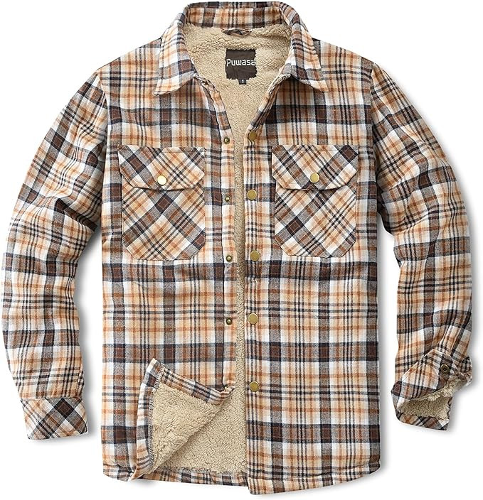 Men's Sherpa Lined Cotton Flannel Shirt Jacket Plaid Button Up Jacket Coat for Men with Pocket | Amazon (US)