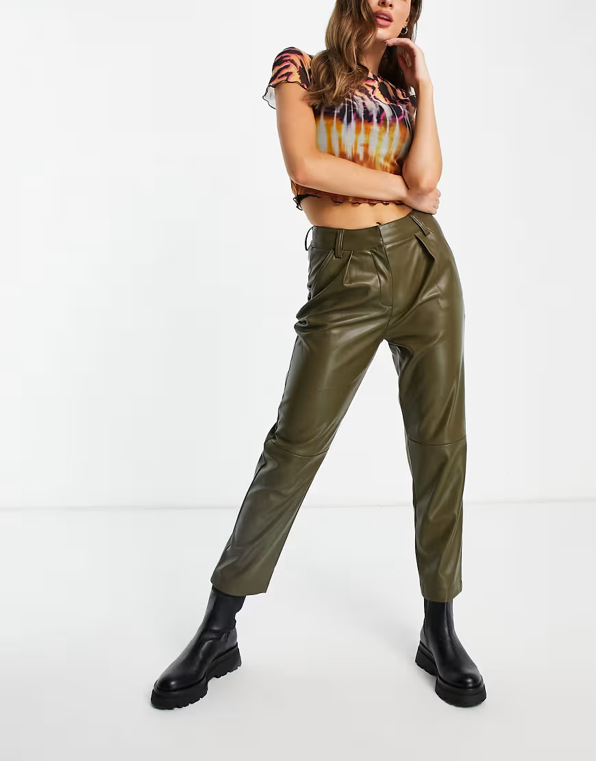 Topshop faux leather peg pant in olive green | ASOS (Global)