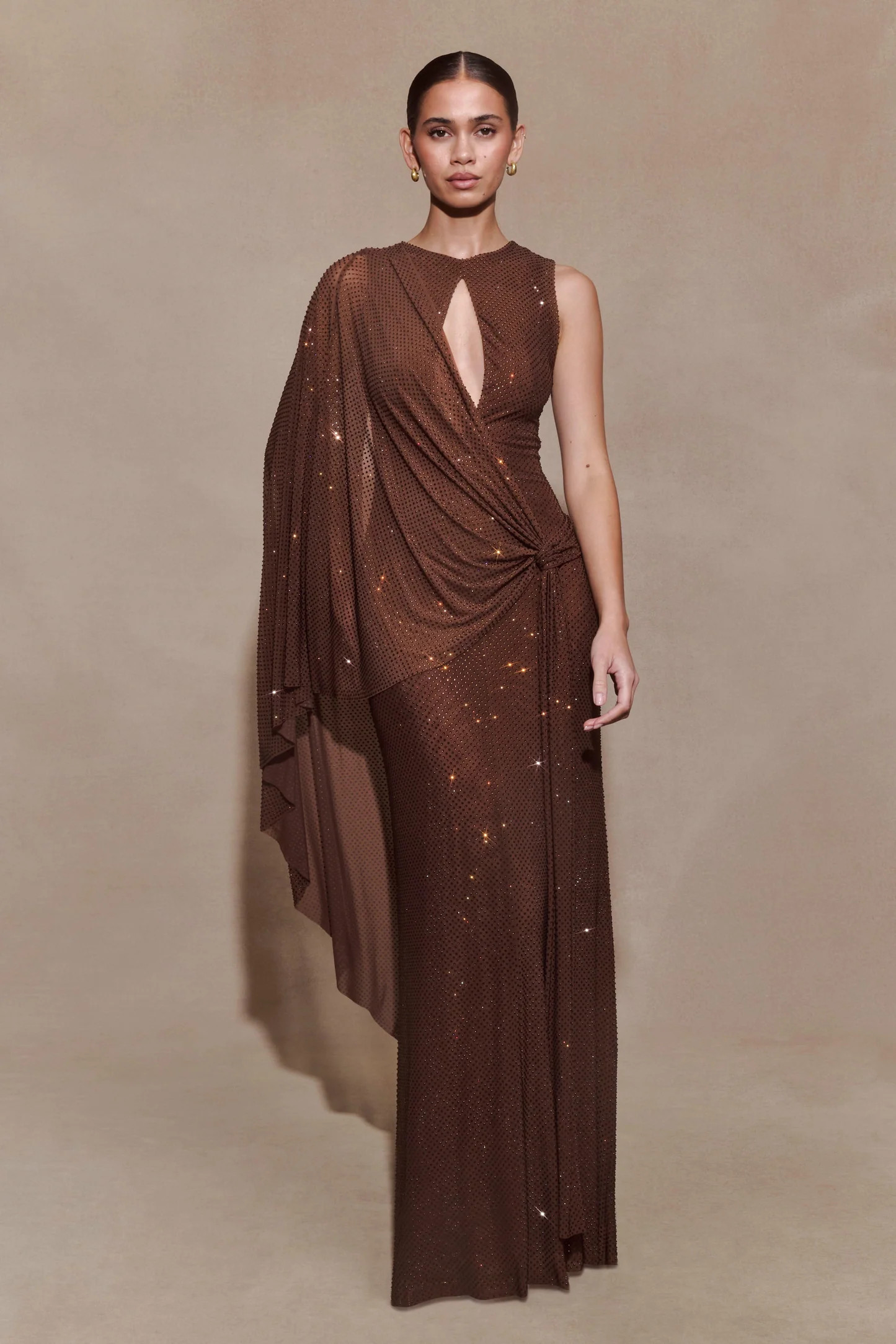 Bakari Diamante Cape Maxi Dress - Chocolate | Meshki UK