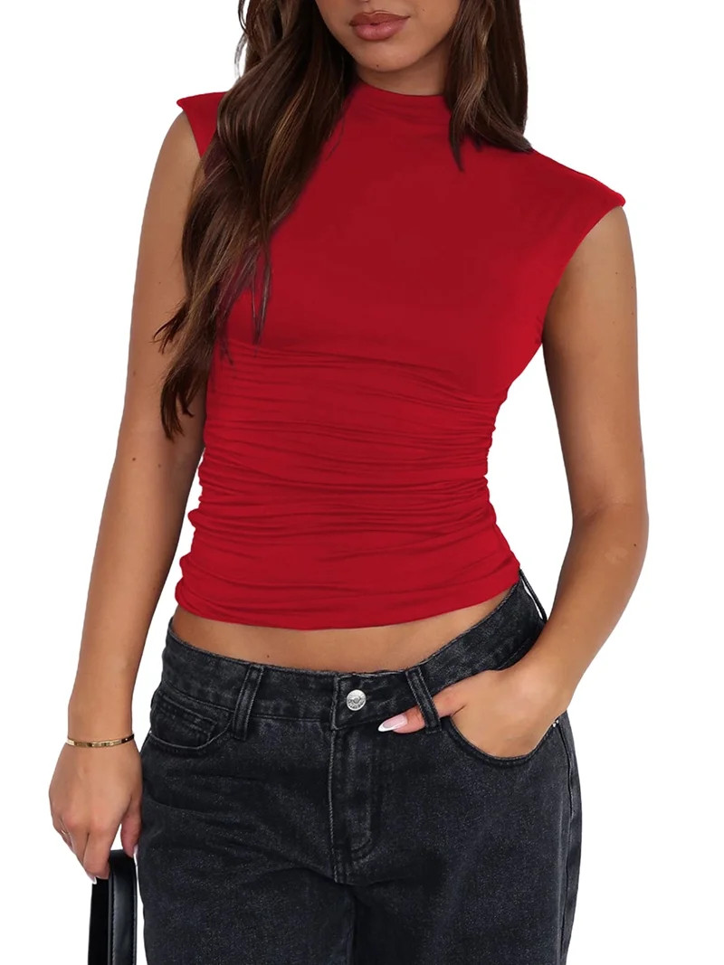 Sleeveless Crop Tops for Women Mock Neck Ruched Tank Tops Y2k Going Out Tops Solid Slim Fitted Sh... | Walmart (US)