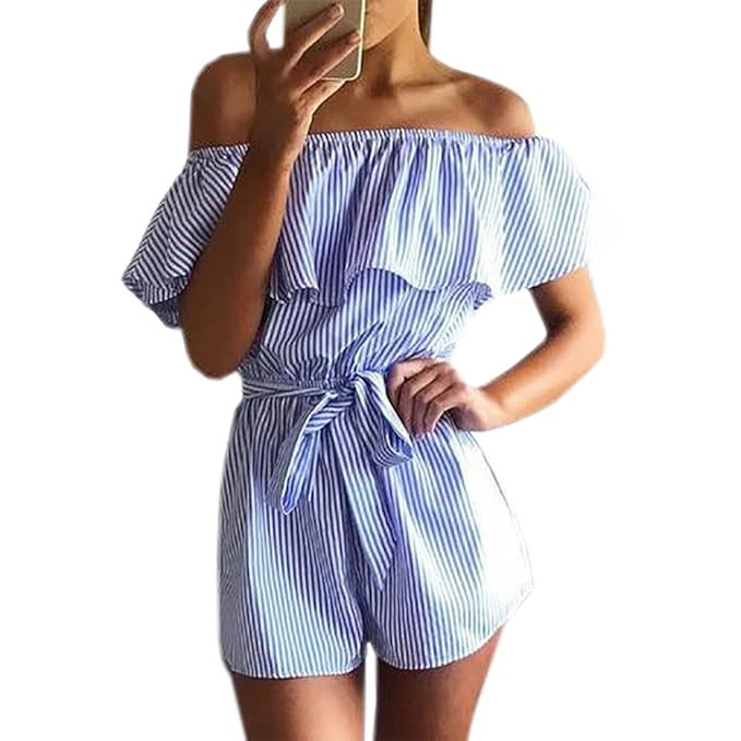 Roselux Women's Striped Ruffle Sleeveless Off Shoulder Tie Front Sexy Short Rompers Jumpsuit | Amazon (US)