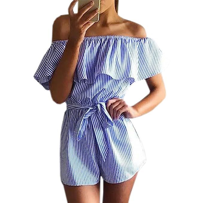 Roselux Women's Striped Ruffle Sleeveless Off Shoulder Tie Front Sexy Short Rompers Jumpsuit | Amazon (US)