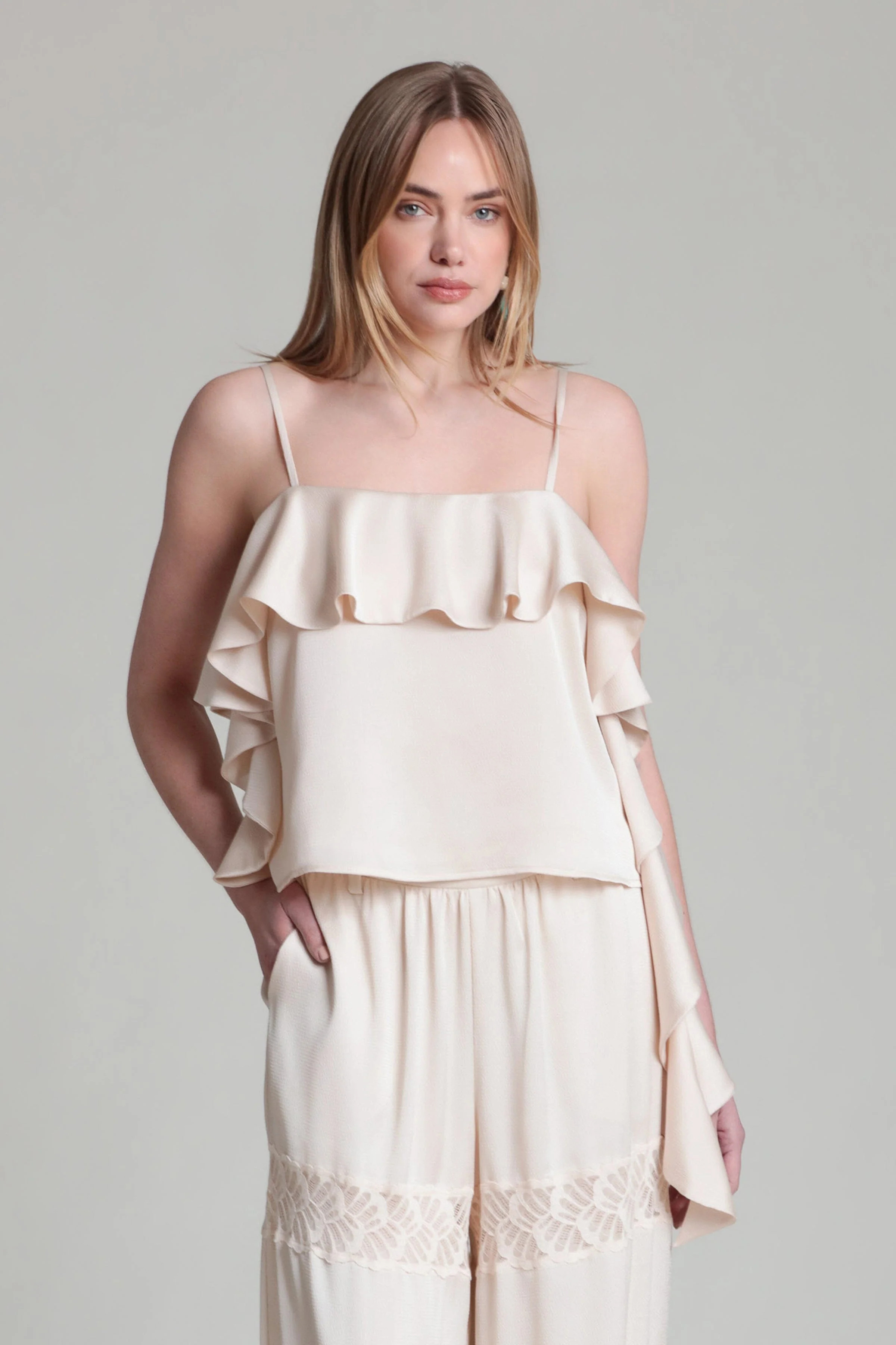Asymmetrical Ruffle Satin Crepe Cami Top | Avec Les Filles