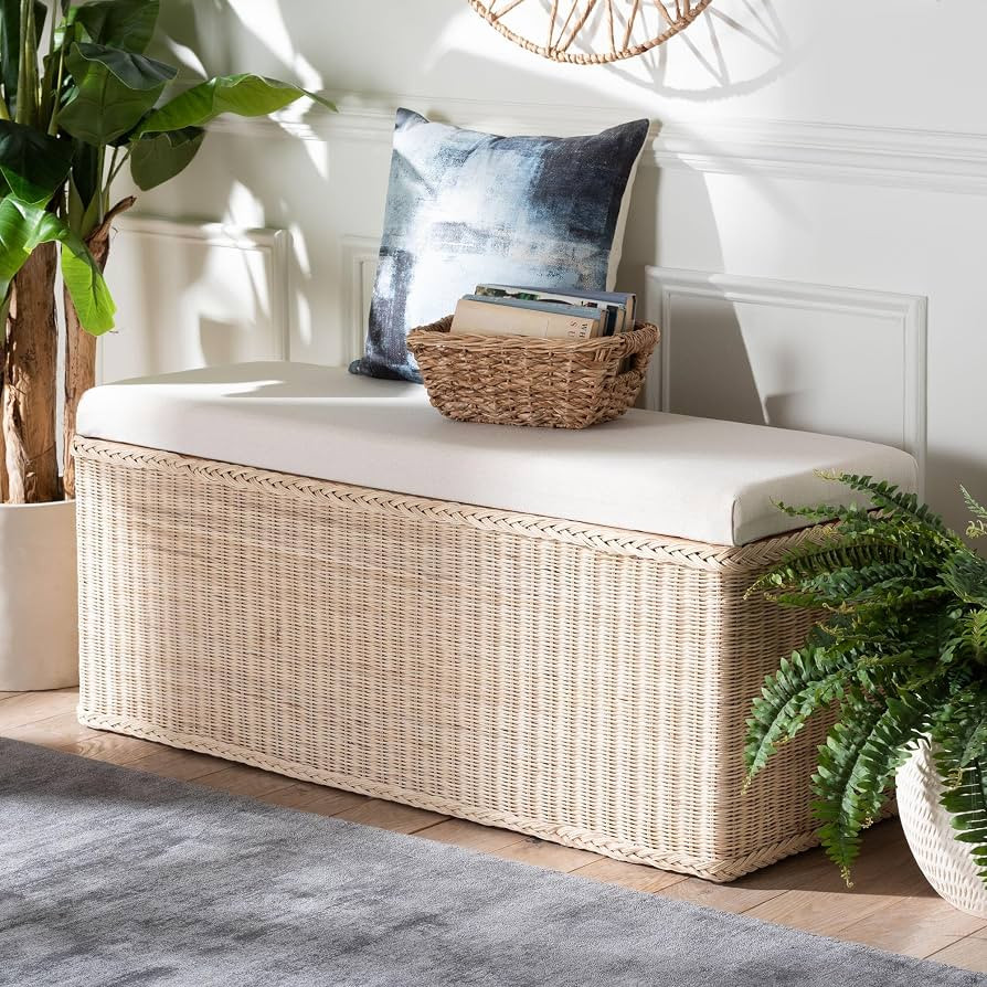 Bali & pari Barid Braided Natural Rattan Storage Bench with Cushioned Lift-Top Lid \u2013 Coastal... | Amazon (US)