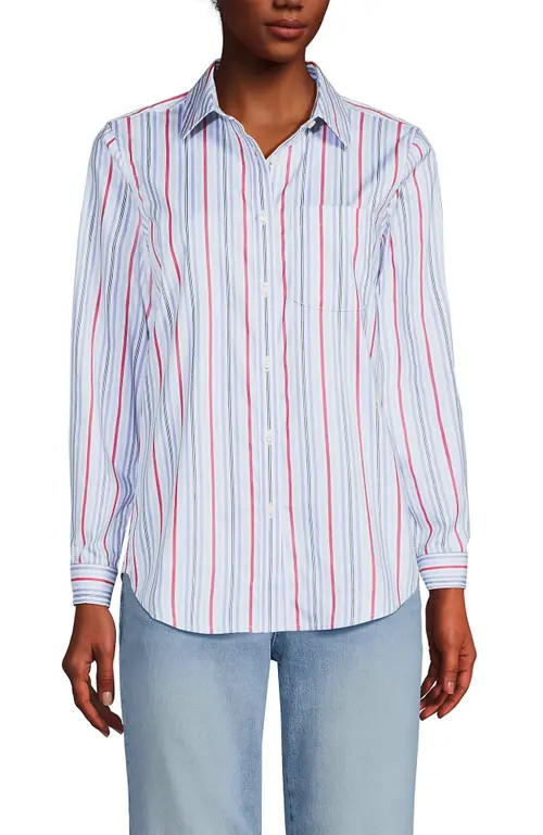 Lands' End Cooling Button Front Shirt in Bermuda Blue Multi Stripe at Nordstrom, Size Medium | Nordstrom