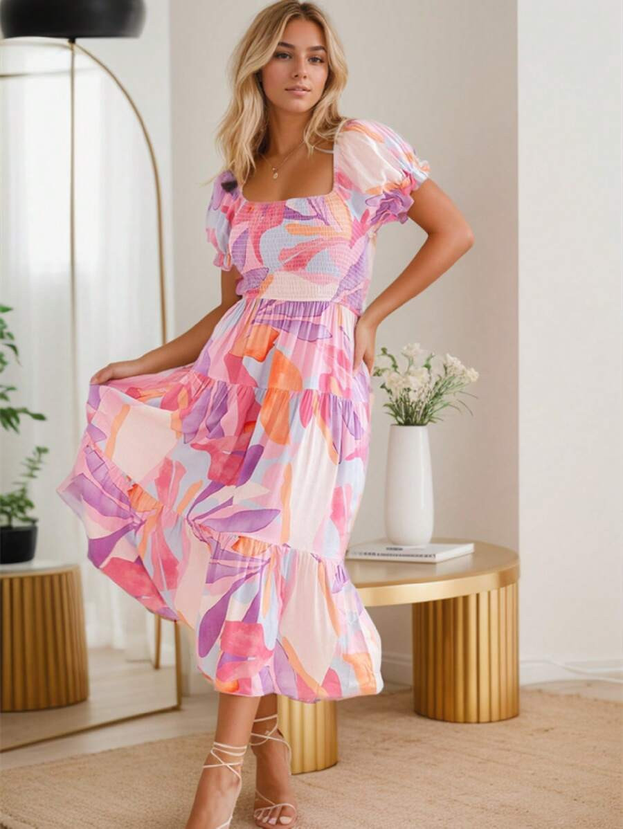 Sissyaki Women's Summer Boho Floral Print Midi Dress Square Neck Tiered Flowy Beach Long Dress | SHEIN