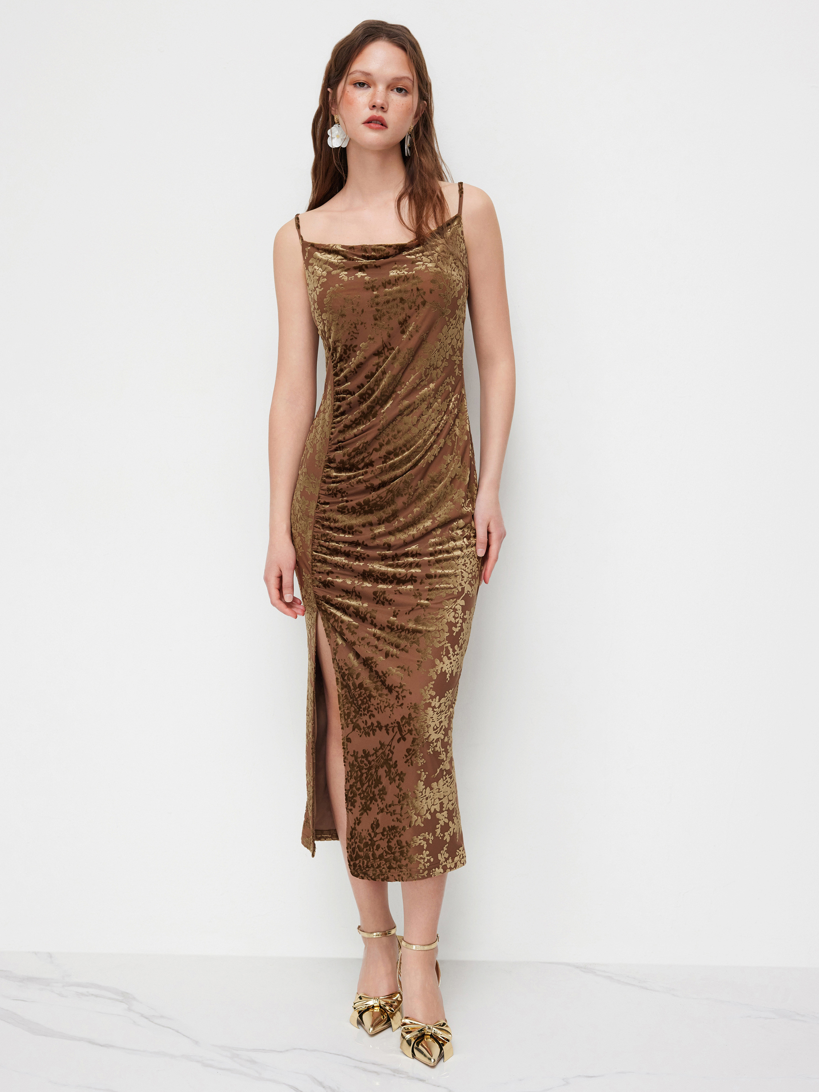 Velvet Velvet Cowl Neck Floral Ruched Split Midi Dress For Party/Clubbing | Cider