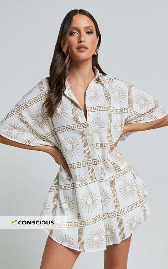 Alice Playsuit - Short Sleeve Relaxed Button Up Playsuit in White & Brown Sun Print | Showpo (US, UK & Europe)