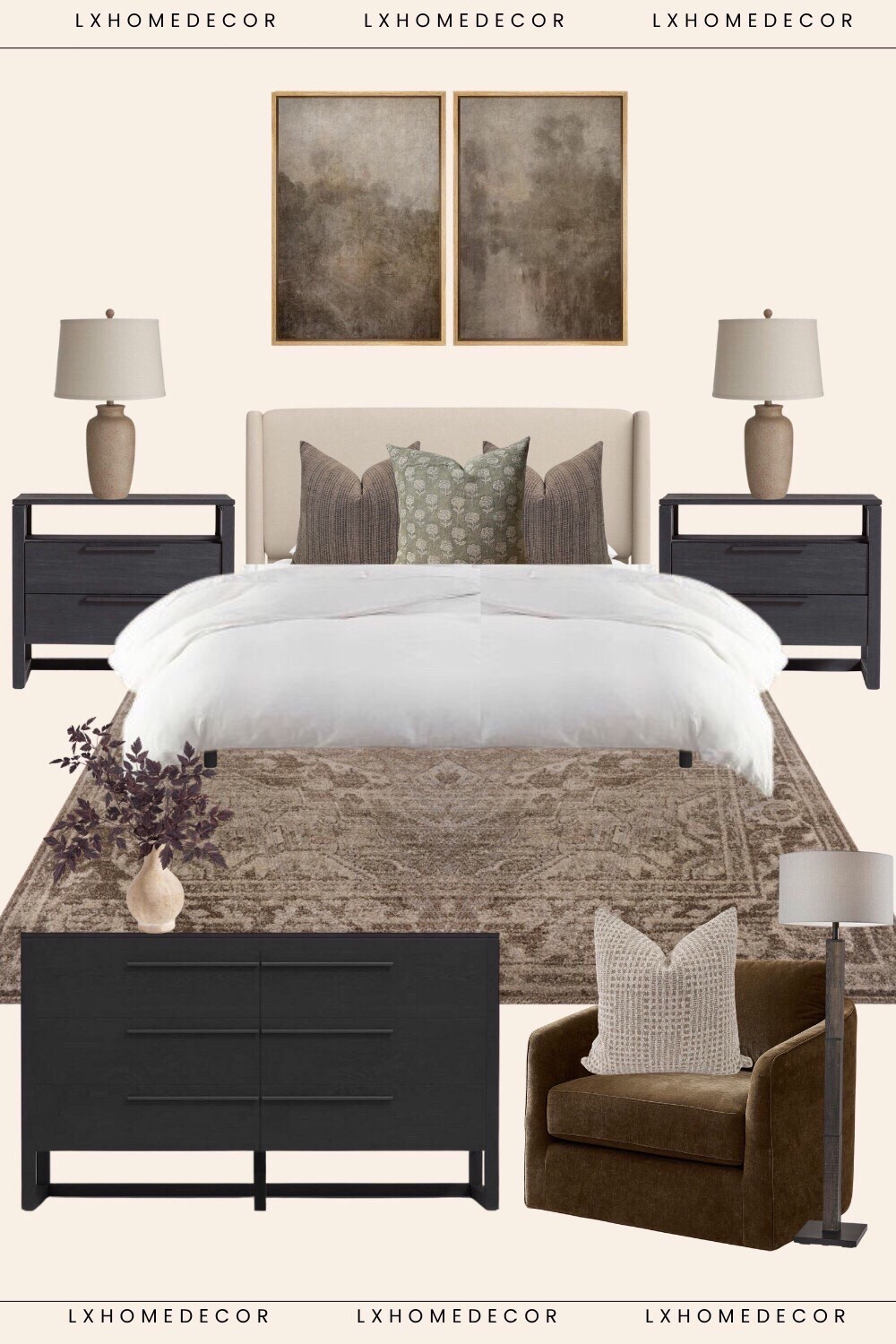 Moody Master Bedroom Dreams! 
Obsessed with this cozy, sophisticated bedroom vibe! The contrast of the creamy bed and lamps against the dark black nightstands and dresser is pure drama. The rich, earthy tones and plush velvet chair make it feel instantly luxurious. 

#LTKBedroom, #MoodyDecor, black furniture, dark bedroom, cozy master, velvet chair, neutral bedding, earthy tones, modern styling, bedroom decor 

 #LTKStyleTip

#LTKHome #LTKFindsUnder100 #LTKFindsUnder50