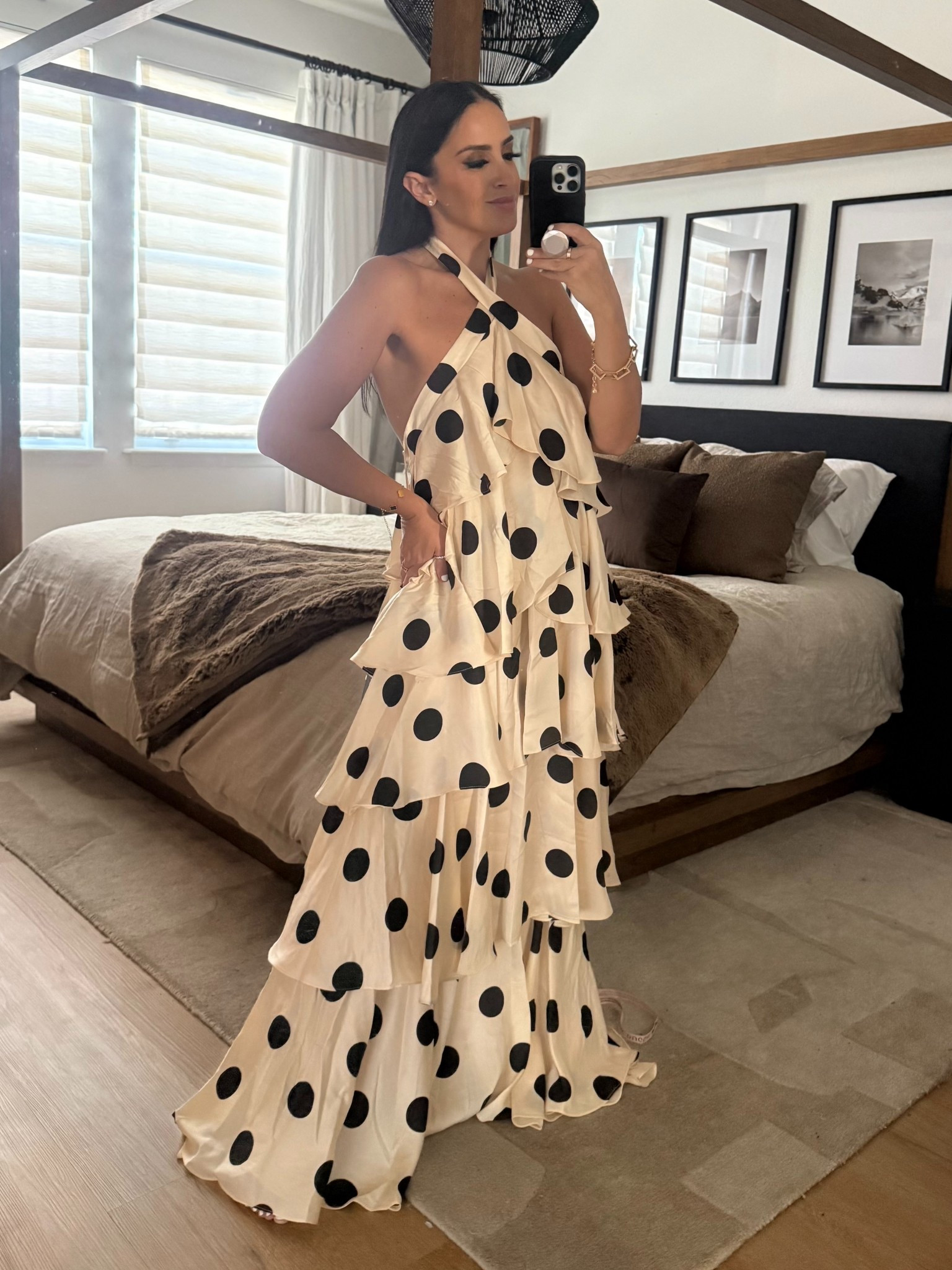 Polka Dot Charmeuse Halter Tiered Ruffle Gown wearing size 6
