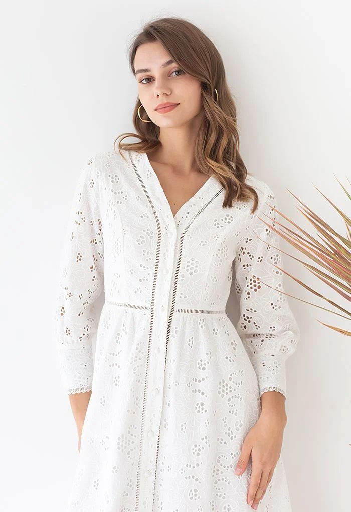 Solid White Embroidery Eyelet Midi Dress | Chicwish