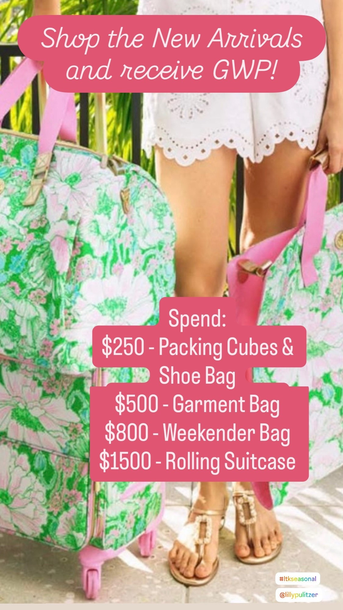 Spring Arrivals
New arrivals just dropped and there is an amazing gift with purchase event happening now! 🌸✈️

When you shop the new collection you can receive exclusive travel gifts at different spend levels:

• $250 – Packing cubes + shoe bag
• $500 – Garment bag
• $800 – Weekender bag
• $1500 – Rolling suitcase

Perfect timing for spring break, summer travel, and vacation packing. These travel pieces are both beautiful and functional!

Don’t wait — this promo is while supplies last.

spring arrivals
Lilly Pulitzer 
travel bags
vacation essentials
packing cubes
weekender bag
rolling suitcase
travel accessories
spring travel style
resort travel essentials
gift with purchase

#LTKtravel
#LTKseasonal
#LTKspring
#LTKstyle
#LTKvacation

#LTKTravel #LTKSpringSale #LTKSeasonal