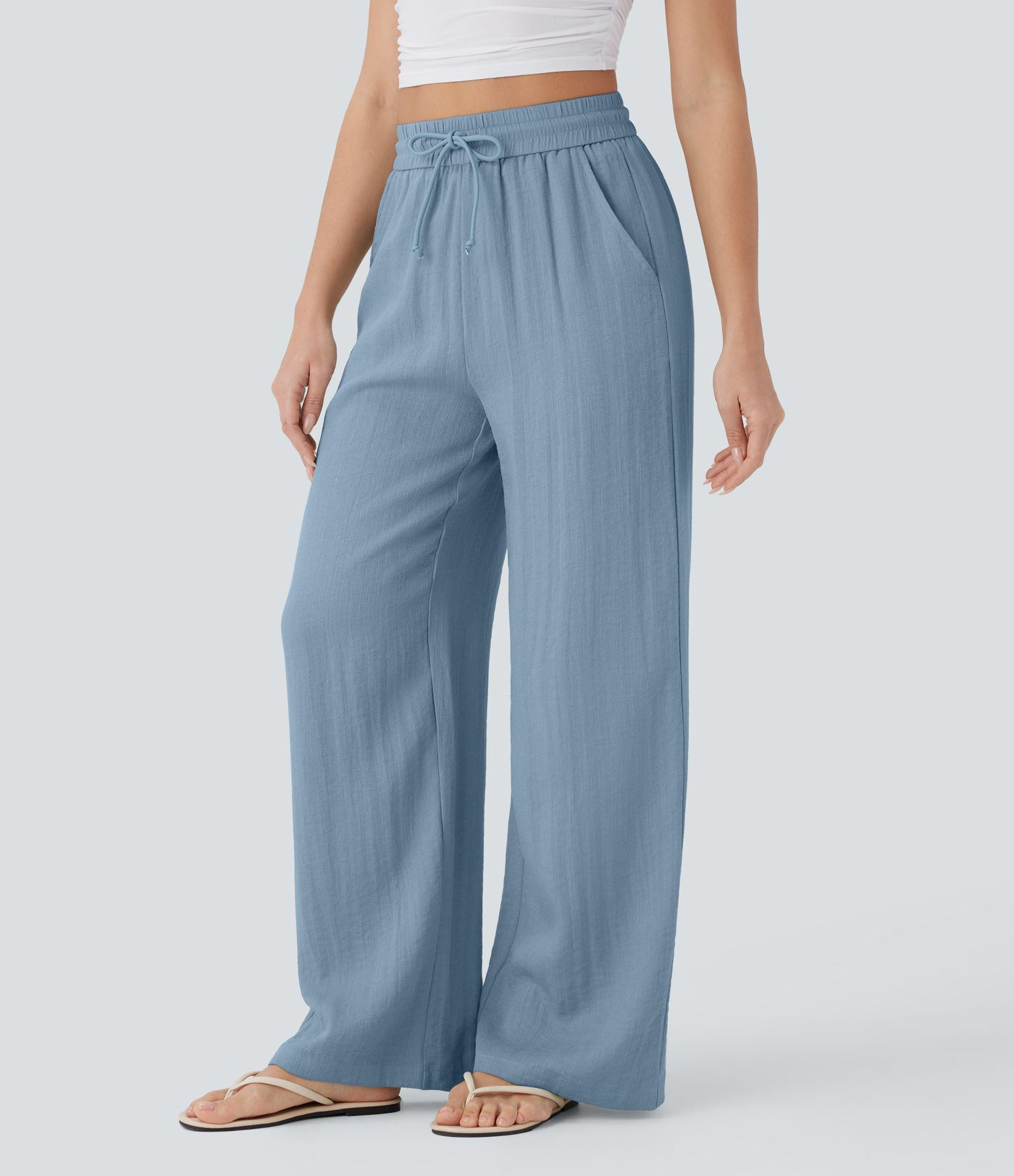 High Waisted Drawstring Pocket Wide Leg Baggy Casual Linen-Feel Pants | HALARA