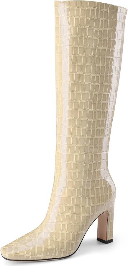 Knee High Boots Women Black Long Boots Slip on Tall Boots Chunky High Heel Square Toe Crocodile P... | Amazon (US)