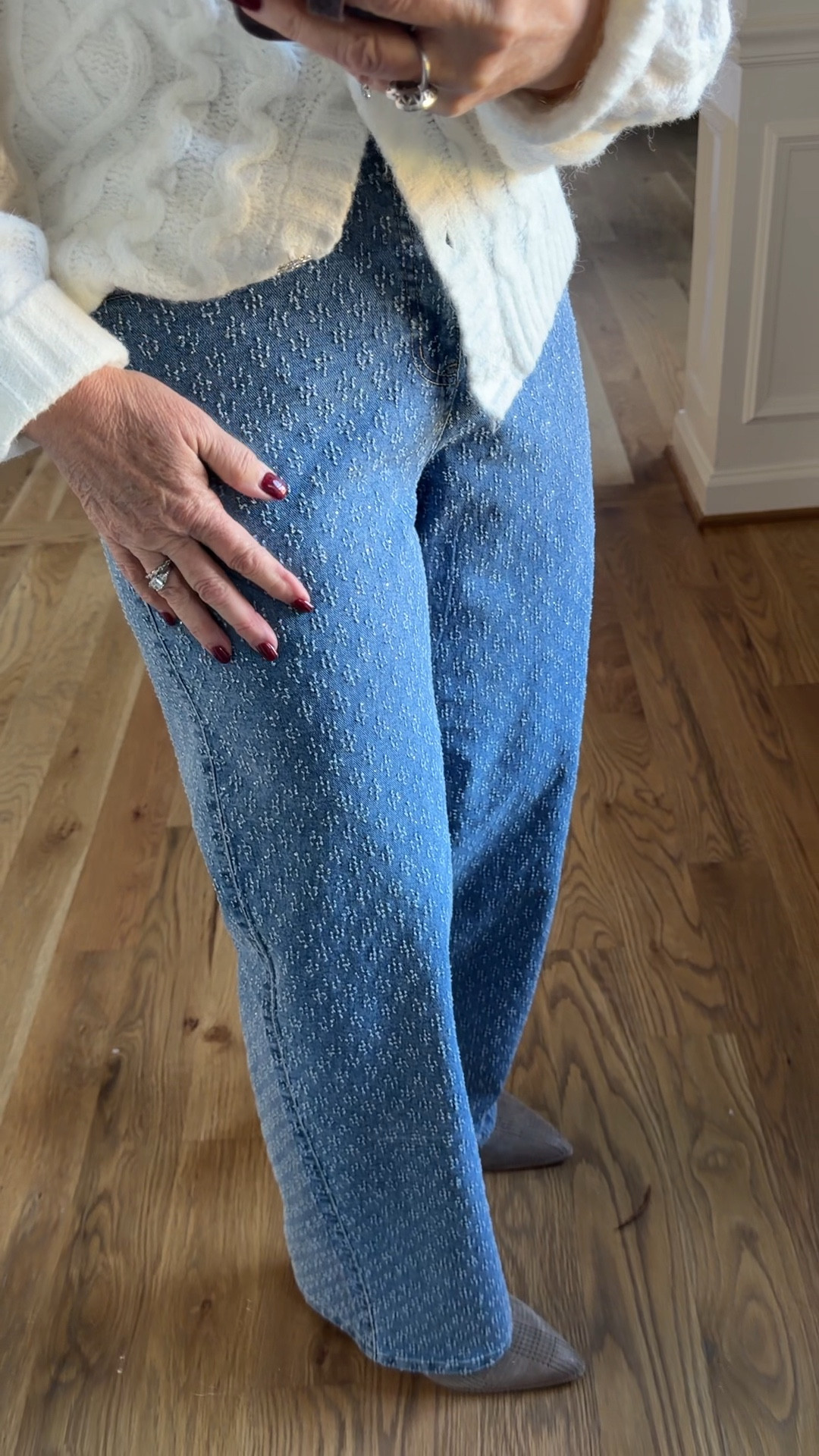 Walmart jeans size 8 these are gorgeous!! Textured with a subtle rhinestone. Hurry selling dad 
Winter white cardigan size medium 
Boots are 30% off for cyber Monday don’t wait! I size up 1/2 

#LTKFindsUnder50 #LTKOver40 #LTKHoliday