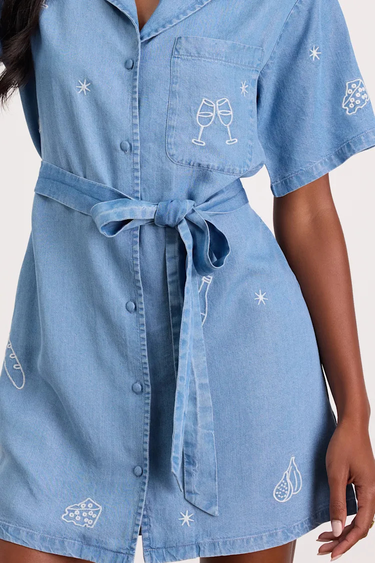 Neila Light Wash Denim Embroidered Mini Dress | Lulus