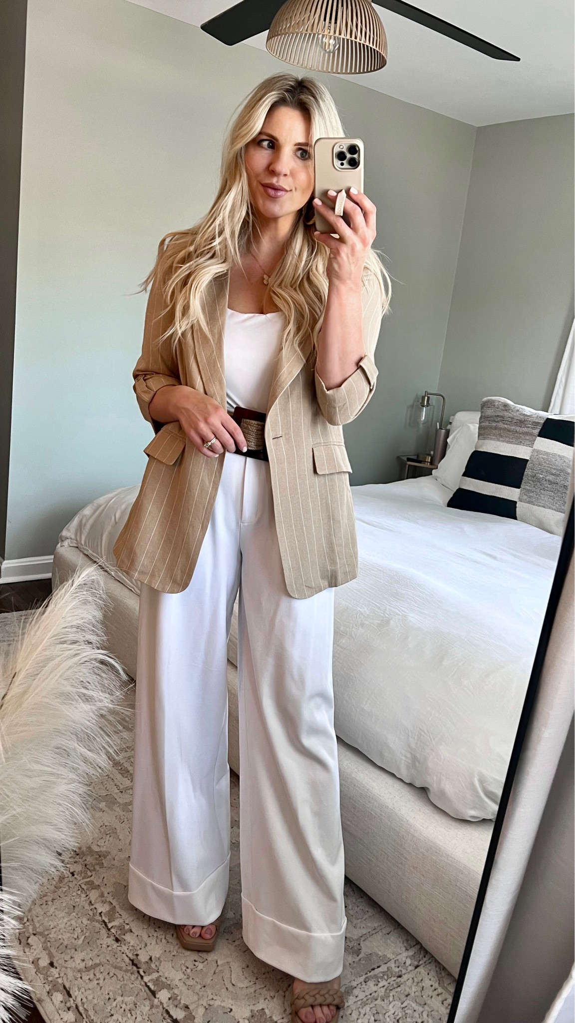 Petal & pup striped linen blazer, white Abercrombie bodysuit, white express wide leg work pants, neutral dolce vita heels 