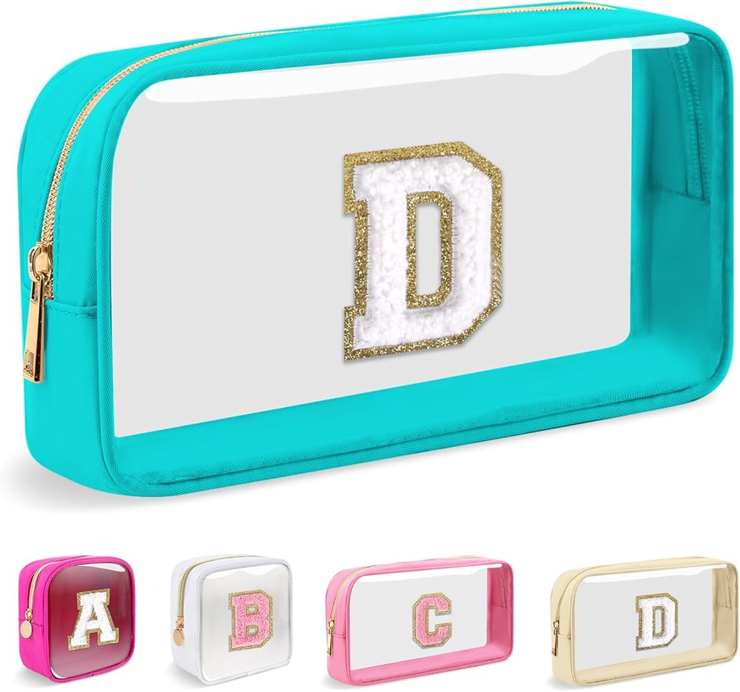 Small Clear Personalized Initial Makeup Bag,Nylon Preppy A-Z Chenille Letter Patch Cosmetic Pouch... | Amazon (US)