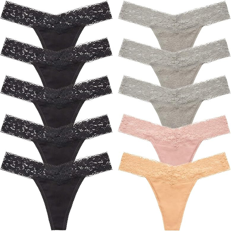 Women's Thongs, T Back Low Waist See Through Panties Cotton Seamless Lace Thongs for Women | Amazon (US)