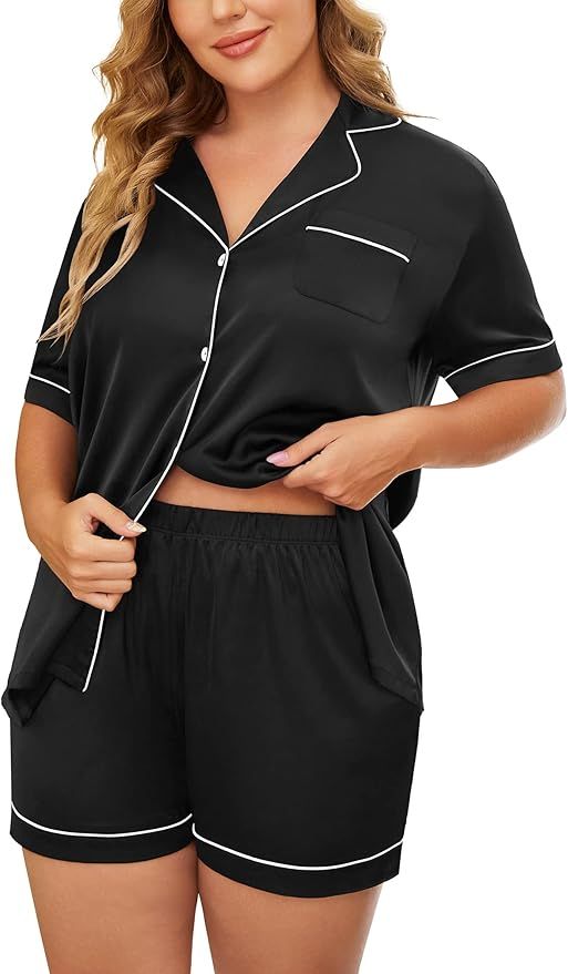 IN'VOLAND Women’s Plus Size Pajama Set Short Sleeve Sleepwear Satin Nightwear Loungewear Sets w... | Amazon (US)