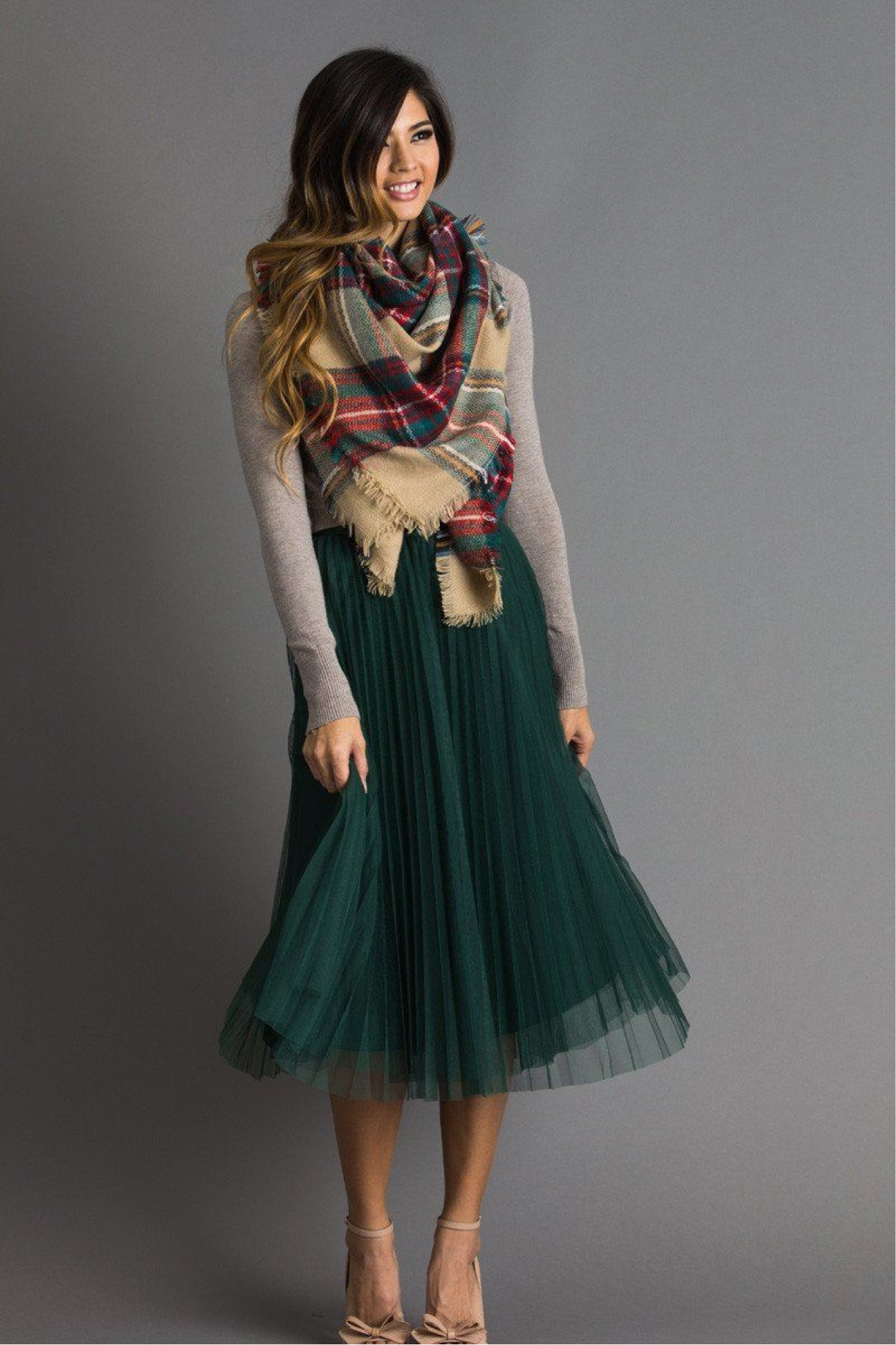 Classy fall outfit ideas with skirt and scarf. Green tulle skirt with sweater.

#LTKSeasonal #LTKstyletip
