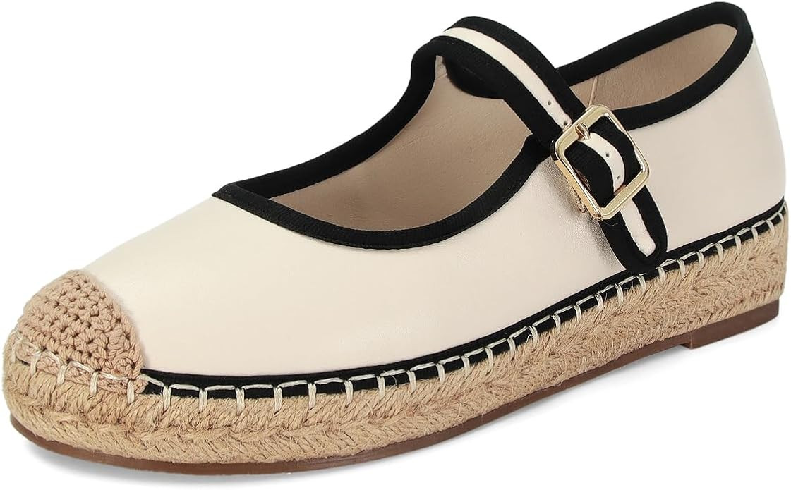 Amazon.com | SOVANYOU White Mary Jane Espadrilles for Women Leather Mary Jane Flats Platform Wove... | Amazon (US)