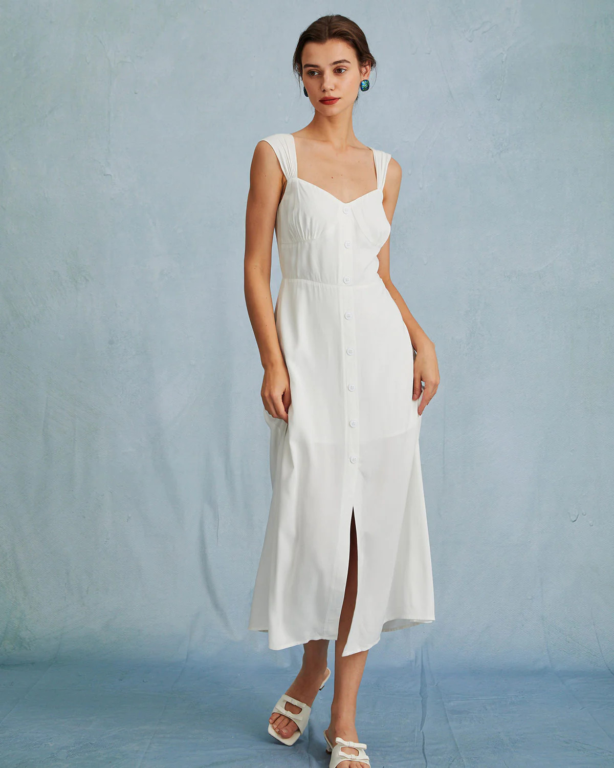 The White Sweetheart Neck Shirred Slit Midi Dress | rihoas.com