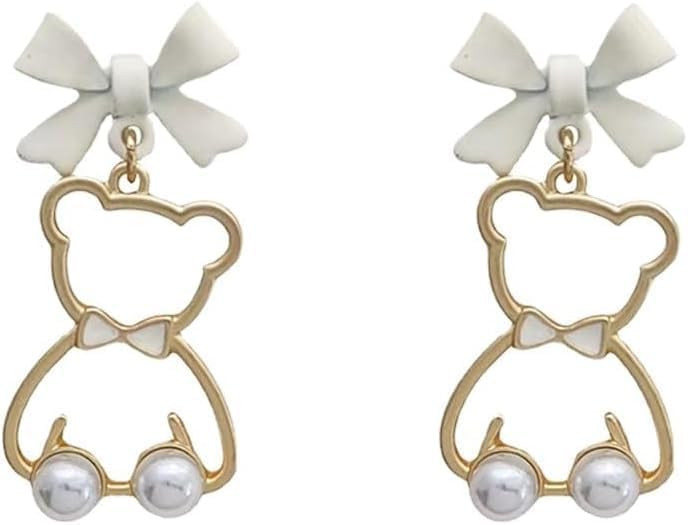 Cute Little Bear Ribbon Bow Pearl Drop Earrings Stud Ear Clip Sweet Wedding Jewelry Birthday Gift | Amazon (US)