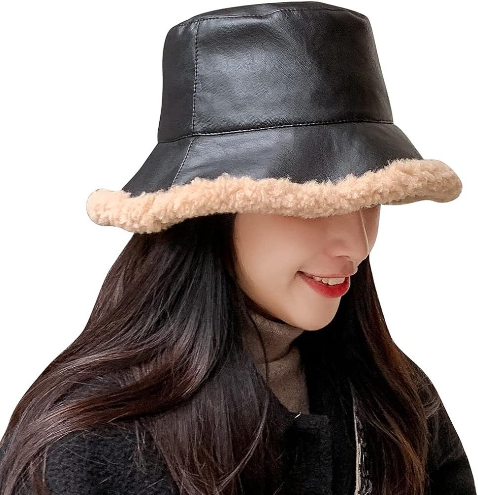 MIFULGOO Women 90s PU Leather Winter Bucket Hats Fuzzy Faux Fur Fleece Trimmed Packable | Amazon (US)