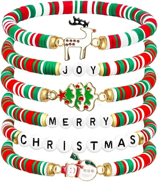 Christmas Gifts Girl Bracelets 6 Pack Polymer Clay Jewelry Merry Christmas Gifts for Women Teens ... | Amazon (US)