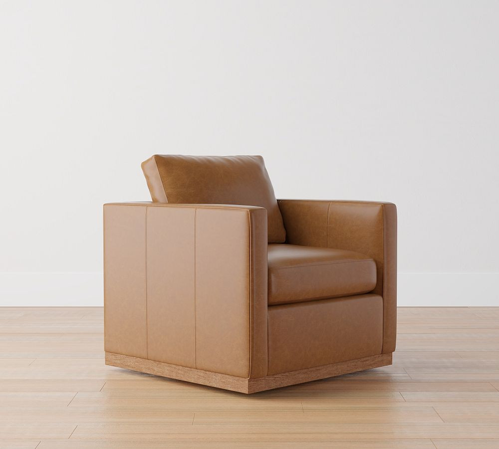 Jake Leather Brindle Wood Base Swivel Chair | Pottery Barn (US)