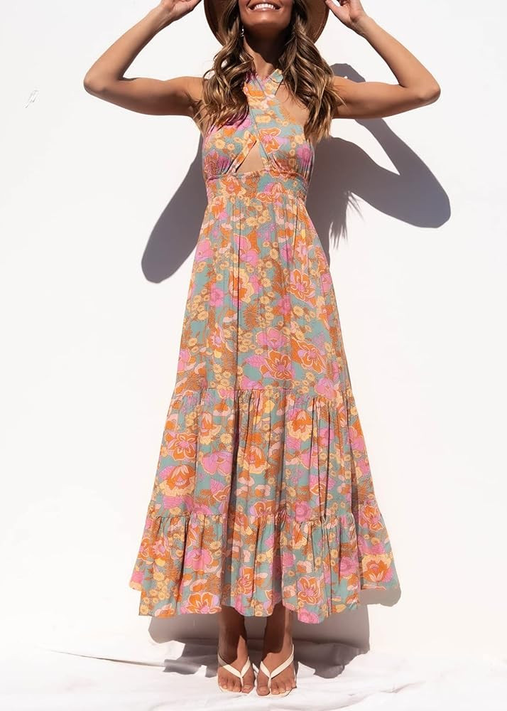 ZESICA Women's Summer Crossover Halter Neck Sleeveless Plaid Cut Out Backless Flowy A Line Maxi Dres | Amazon (US)