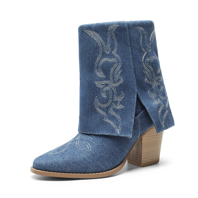 DREAM PAIRS Fold Over Cuff Denim Cowgirl Boots | Dream Pairs
