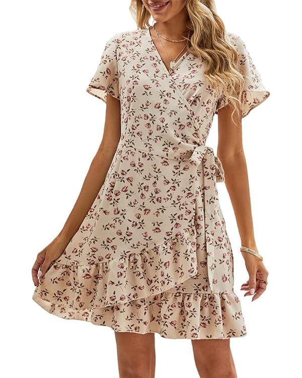 Naggoo Women's Summer Wrap V Neck Polka Dot Print Ruffle Short Sleeve Mini Floral Dress with Belt | Amazon (US)
