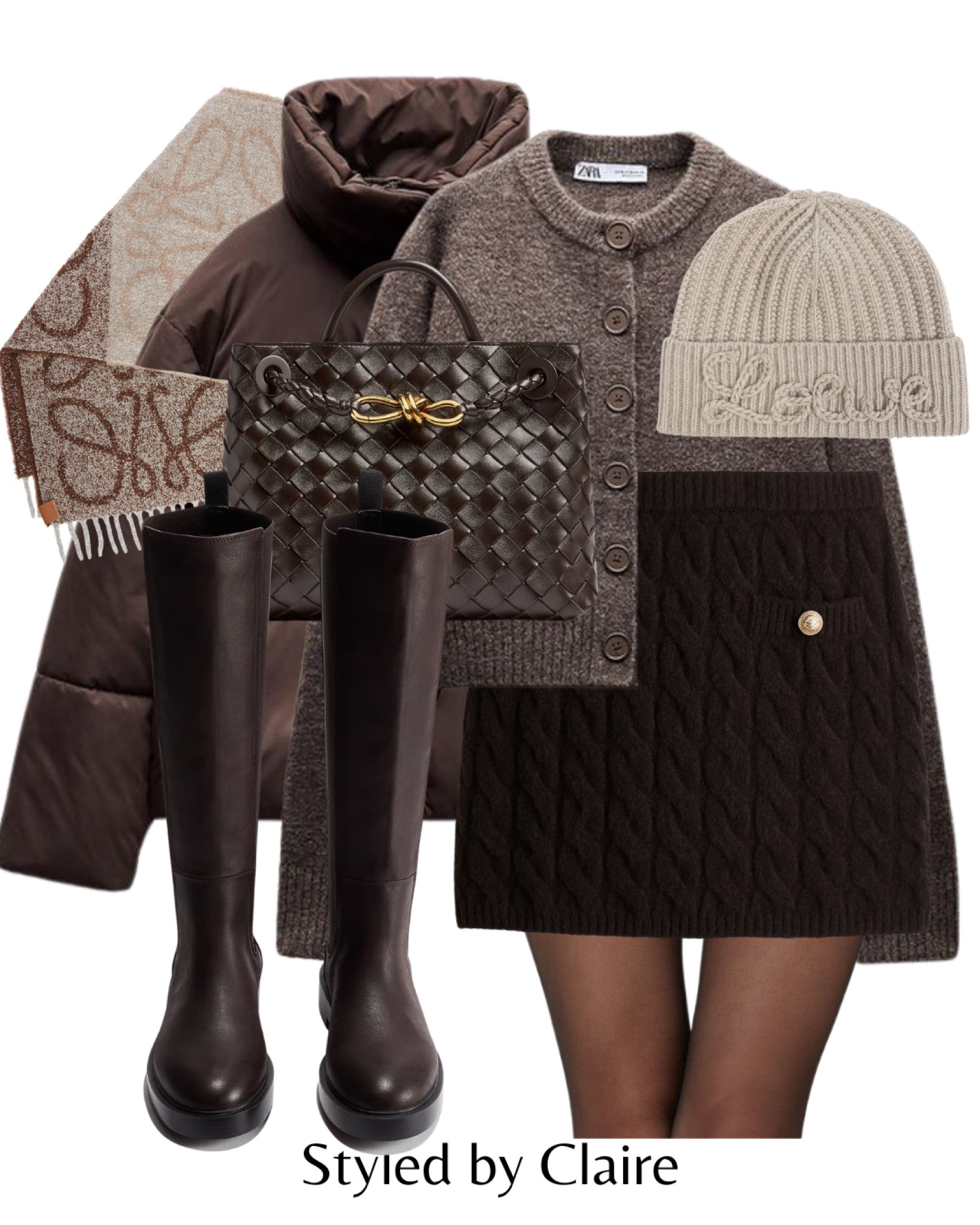Casual but still chic🤎
Tags: brown puffer jacket cable knit skirt brown neutral style knee high boots Loewe beanie scarf wool cardigan bottega bag fashion winter inspo outfit ideas city break airport outfit Parisian women#LTKWinterSale 

#LTKshoes #LTKstyletip