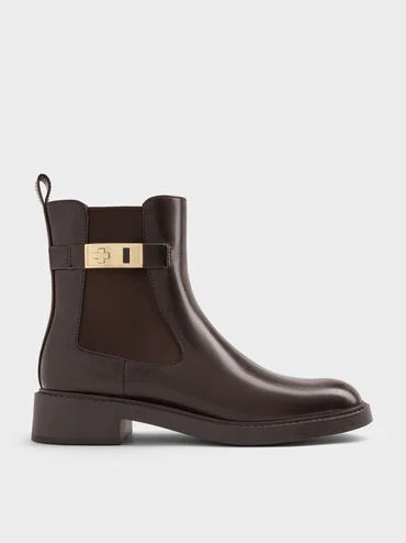 Dark Brown Lando Metallic-Buckle Chelsea Boots | CHARLES & KEITH | Charles & Keith CA